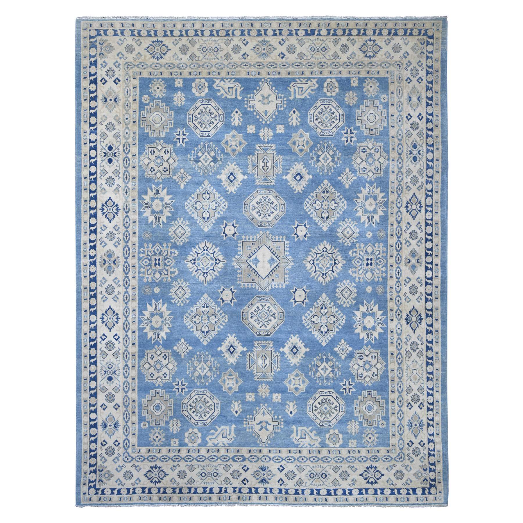 9'x11'8" Yonder Blue, Vintage Look Kazak with All Over Geometric Motifs, Hand Knotted, 100% Wool, Natural Dyes, Oriental Rug 